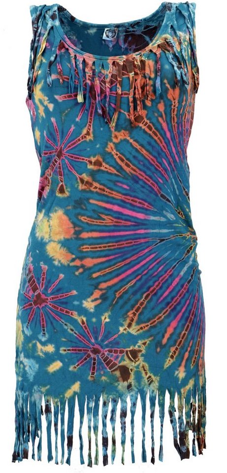 Guru-Shop Midikleid Batik Minikleid, Unikat Boho Fransenkleid -.. alternative Bekleidung von Guru-Shop