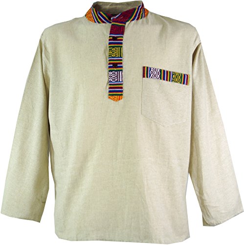 GURU SHOP Nepal Ethno Fischerhemd, Goa Hemd, Creme, Baumwolle, Size:L von GURU SHOP