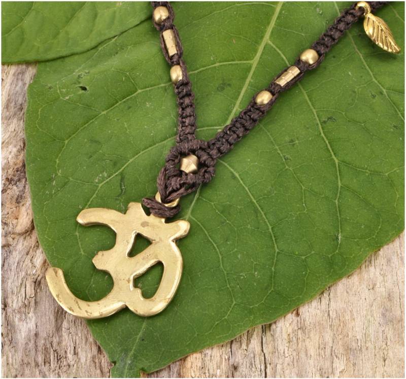 Guru-Shop Perlenkette Boho Makramee Kette `Om` - braun von Guru-Shop