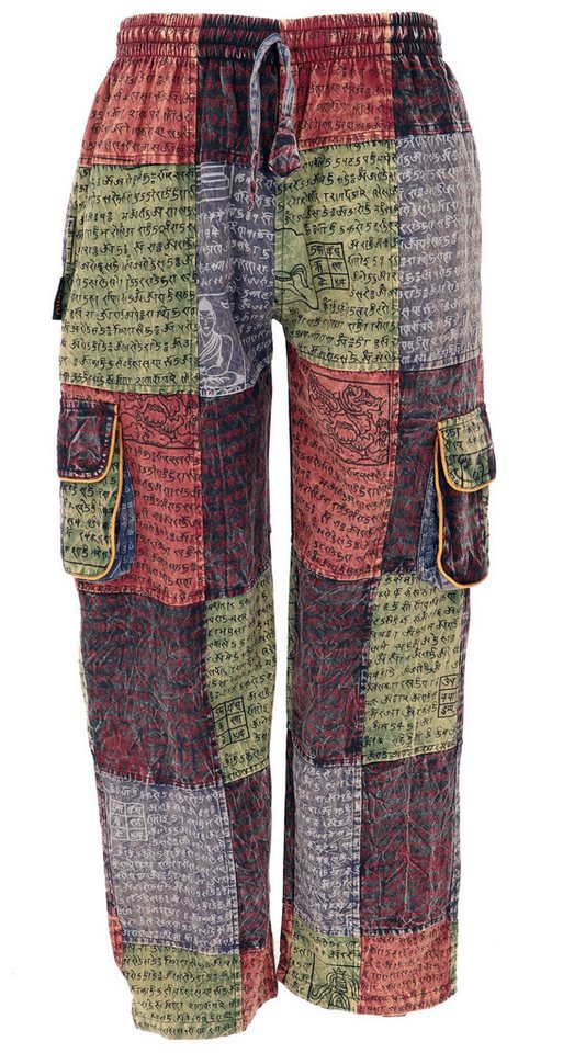 Guru-Shop Relaxhose Patchwork Cargohose, bequeme Mantra Print.. Ethno Style, alternative Bekleidung von Guru-Shop
