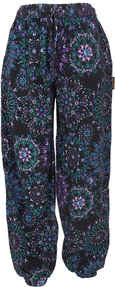 Guru-Shop Relaxhose Weite Pluderhose mit Boho Druck - schwarz/lila Ethno Style, alternative Bekleidung von Guru-Shop