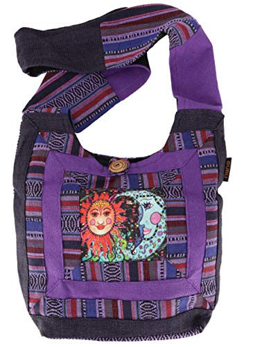 GURU SHOP Schultertasche, Hippie Tasche, Goa Schulterbeutel mit Sonne, Mond - Violett, Herren/Damen, Baumwolle, Size:One Size, 30x30x8 cm, Alternative Umhängetasche, Handtasche aus Stoff von GURU SHOP