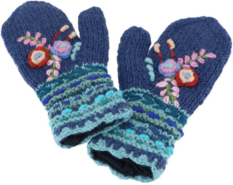 Guru-Shop Strickhandschuhe Wollhandschuhe mit Blümchenstickerei, Boho.. von Guru-Shop