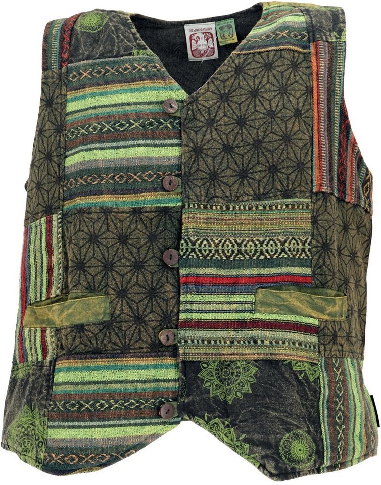 Guru-Shop Strickjacke Goaweste, Psytrance Patchwork Herren Weste - grün alternative Bekleidung von Guru-Shop
