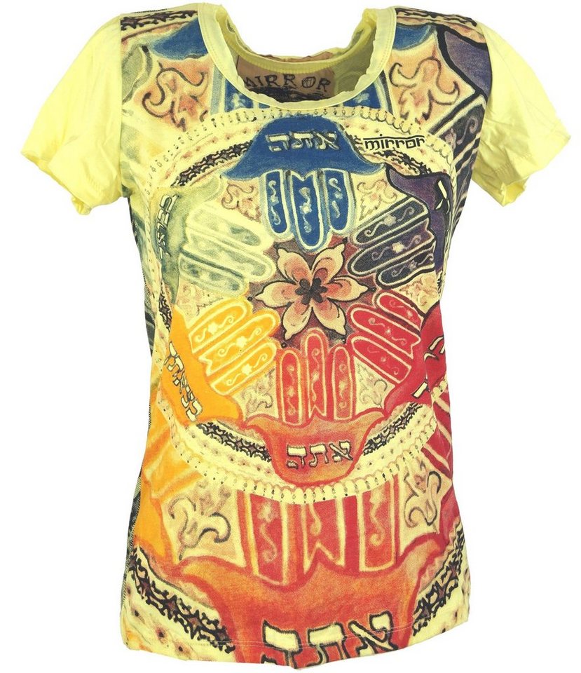 Guru-Shop T-Shirt Mirror Damen T-ShirT-Shirt - Mandala gelb Festival, Goa Style, alternative Bekleidung von Guru-Shop