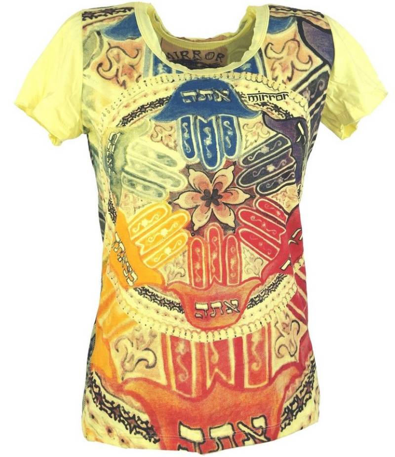 Guru-Shop T-Shirt Mirror Damen T-ShirT-Shirt - Mandala gelb Festival, Goa Style, alternative Bekleidung von Guru-Shop
