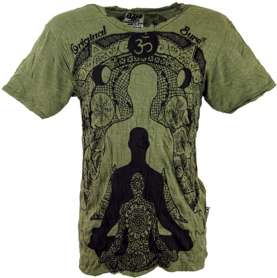 Guru-Shop T-Shirt Sure Herren T-Shirt Meditation Buddha - olive Goa Style, Festival, alternative Bekleidung von Guru-Shop
