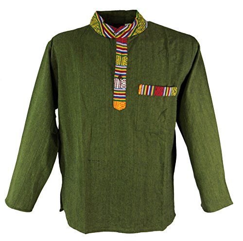 GURU SHOP Nepal Ethno Fischerhemd, Goa Hemd, Olive, Baumwolle, Size:L von GURU SHOP