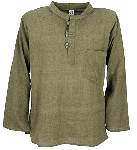 GURU SHOP Nepal Fischerhemd, Goa Hippie Hemd, Yogahemd, Freizeithemd, Moosgrün, Baumwolle, Size:L von GURU SHOP