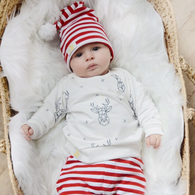 Unisex Gestreifte Baumwoll Weihnachtshose + Sweatshirt Mütze Hirsch Print, Rot Und Weiß Farben von GurumamaStore