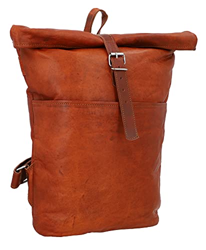 Gusti Kurierrucksack Leder - Manny Rolltop Rucksack Lederrucksack Vintage Cityrucksack Outdoorrucksack Laptoptasche Unirucksack Braun Leder Damen Herren Unisex von Gusti