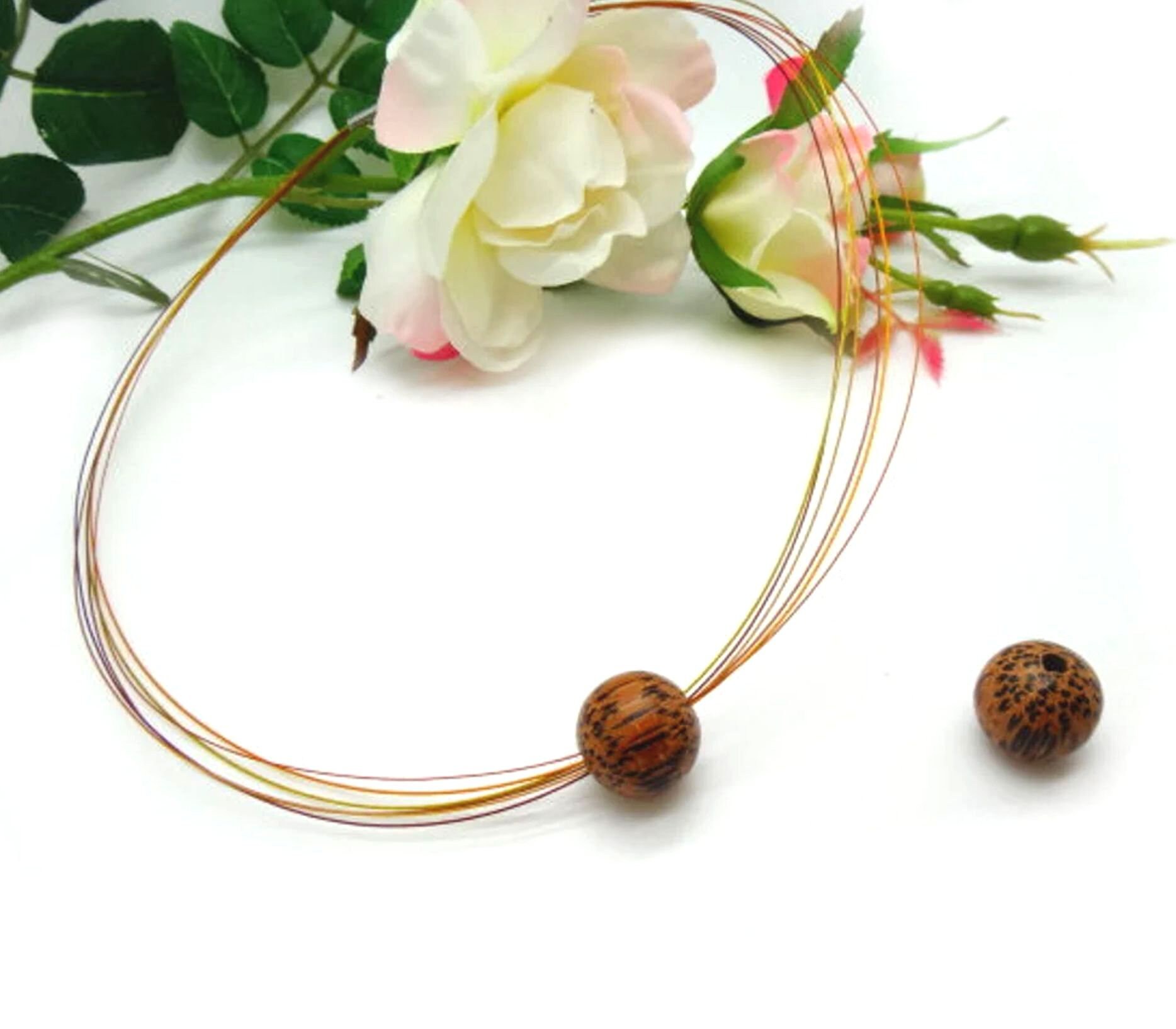 Halsreif Mehrreihig Mit Bajonettverschluß in Verschiedenen Erdtönen, Edelstahldraht 2 Holzkugeln, Palme Und Ebenholz Zum Auswechseln von GuteLauneSchmuckDE