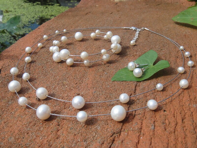 Hochzeit, Brautcollier, Perlen Collier, Swz-Perlen, Kette Mit Ohrstecker Und Armband, Handgefertigt von GuteLauneSchmuckDE