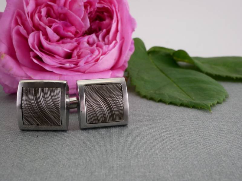 Manschettenknöpfe , Edelstahl Damast-Style, Gelaserte Strucktur, Personalisiert von GuteLauneSchmuckDE