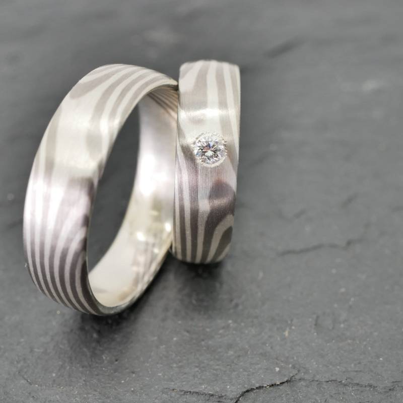 Mokume Gane, Silber Palladium, Trauringe, Paarpreis, Unikate, Individuell Angefertigt, Handschrift Mit Lasergravur von GuteLauneSchmuckDE