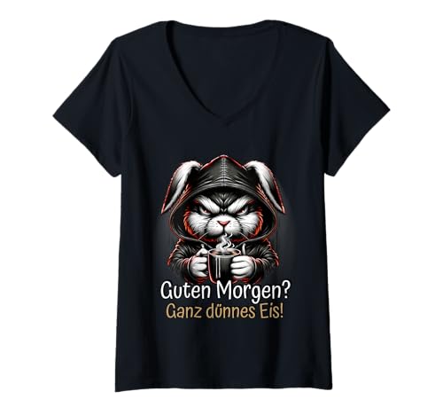 Damen Guten Morgen Kaffee Morgenmuffel Hasen Design T-Shirt mit V-Ausschnitt Damen Guten Morgen Kaffee Morgenmuffel Hasen Design T-Shirt mit V-Ausschnitt von Guten Morgen Ganz Dünnes Eis Kaffee Trinken Hasen