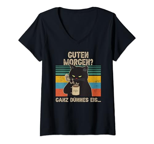 Damen Guten Morgen ganz dünnes Eis Katze Kaffee T-Shirt mit V-Ausschnitt Damen Guten Morgen ganz dünnes Eis Katze Kaffee T-Shirt mit V-Ausschnitt von Guten Morgen ganz dünnes Eis