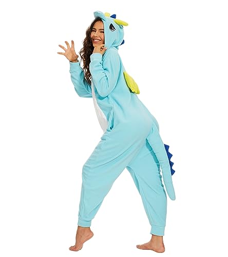 Guturris Tier Drache Pyjamas Schlafanzug Jumpsuit Halloween Cosplay Kostüm Onesie Nachtwäsche für Frauen und Männer Blau XL von Guturris