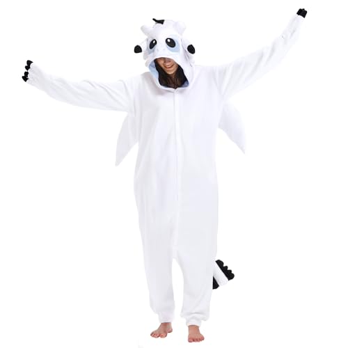 Guturris Unisex Weiß Drache Onesie Pyjamas Tier Kostüm Schlafanzug Halloween Cosplay Jumpsuit Nachtwäsche für Erwachsene XXL von Guturris