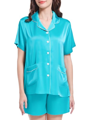 Guunify Satin Pyjama Kurz Damen Schlafanzug Kurzarm Pyjamas Set mit Knopfleiste Nachtwäsche Zweiteiliger Sets Hausanzug grün L von Guunify