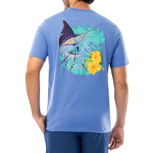 Guy Harvey Billfish Collection Herren-T-Shirt, kurzärmelig, Tasche, Azurblau/Blumensegel, 3X-Groß von Guy Harvey