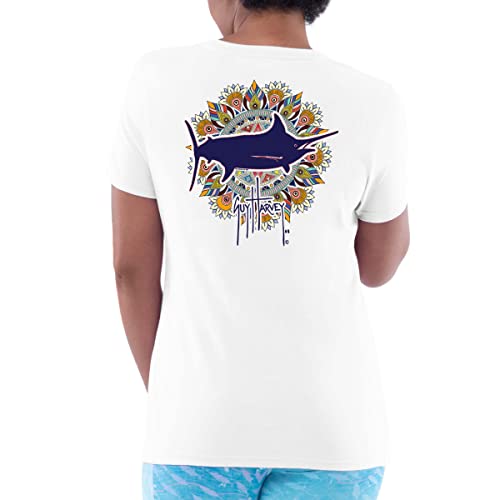 Guy Harvey Damen T-Shirt mit Grafik und kurzen Ärmeln und V-Ausschnitt, Helles Weiß / Mandala, XX-Large von Guy Harvey
