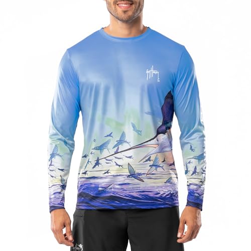 Guy Harvey Langärmeliges Performance-T-Shirt für Herren mit UPF 30+ Sonnenschutz, Azurblau/Duell-Segel, Mittel von Guy Harvey