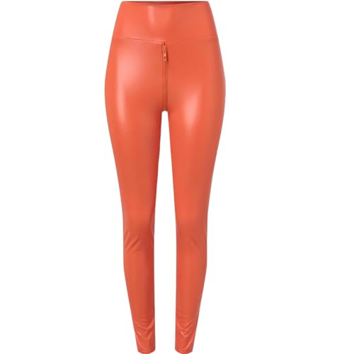 GuyAna Damen-Leggings aus Kunstleder mit Zwei-Wege-Reißverschluss im Schritt, Stretch, Leggings aus mattem Leder, Kunstlederhose (orange,XL) von GuyAna