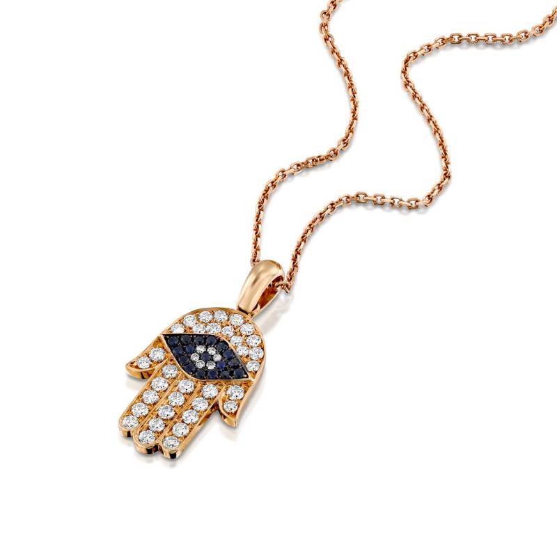 0.53Ct Diamant Saphir Hamsa Evil Eye Anhänger Halskette in 18K Roségold von GuyGrossJewelry