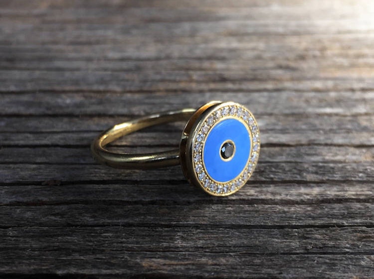 Alle Sehen Auge, Böse Auge Gold Ring, Schutz, Handgemachte Emile, Weiß & Schwarz Diamant, Türkis Stilvolle Blaues von GuyGrossJewelry