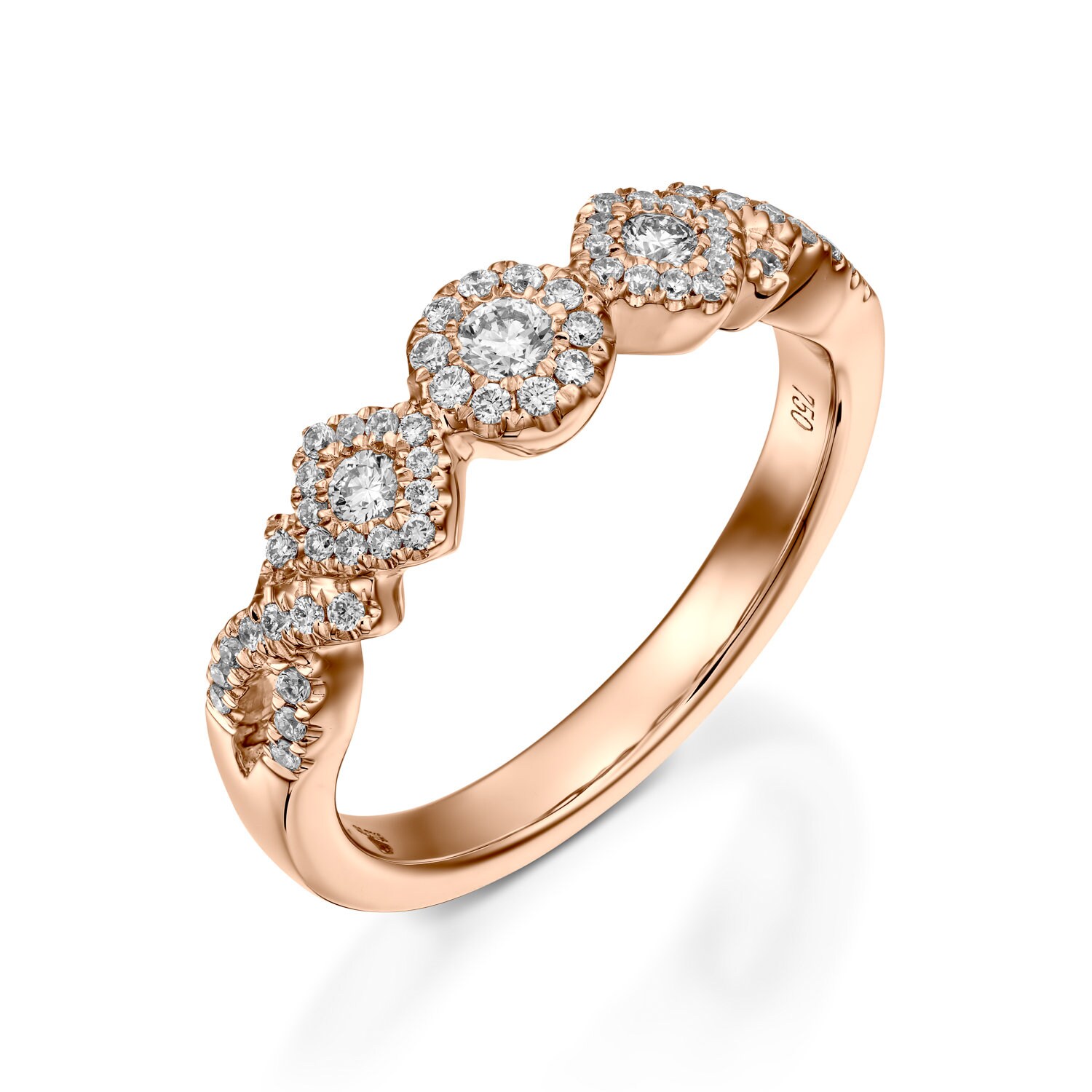 Rose Gold Lünette Verlobungsring Vintage Stil Halbe Ewigkeit Hochzeit Band Voller Königlicher Art Deco Ring Stapeln Jahrestag Versprechen von GuyGrossJewelry