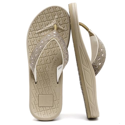 Guyarns Flip Flops Damen,Damen Flip Flops mit Strasssteinen für Sommer Strand Weiche dicke slides Sandalen(Beige,41) von Guyarns