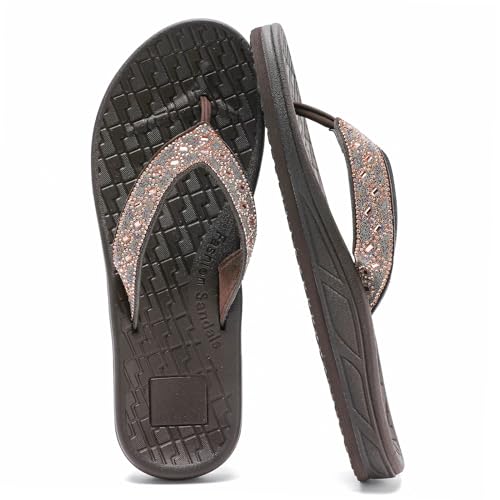 Guyarns Flip Flops Damen,Damen Flip Flops mit Strasssteinen für Sommer Strand Weiche dicke slides Sandalen(Braun,40) von Guyarns