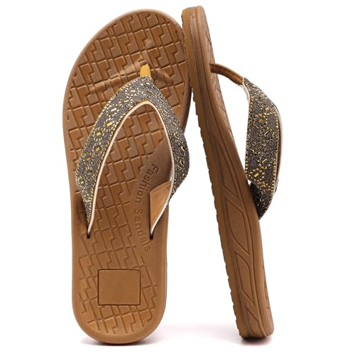 Guyarns Flip Flops Damen,Damen Flip Flops mit Strasssteinen für Sommer Strand Weiche dicke slides Sandalen(Khaki,40) von Guyarns