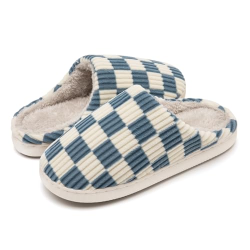 Guyarns Hausschuhe Damen Herren,Flauschige Damen Plüsch Pantoffeln aus Memory-Schaum mit Karomuster Rutschfeste Sohle Schlafzimmer-Hausschuhe in Wolkenform drinnen draußen(Blau,40/41 EU) von Guyarns