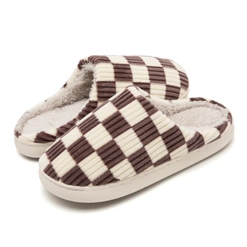 Guyarns Hausschuhe Damen Herren,Flauschige Damen Plüsch Pantoffeln aus Memory-Schaum mit Karomuster Rutschfeste Sohle Schlafzimmer-Hausschuhe in Wolkenform drinnen draußen(Braun,36/37 EU) von Guyarns