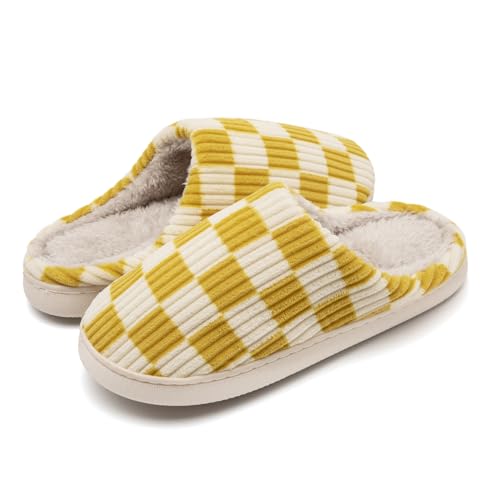 Guyarns Hausschuhe Damen Herren,Flauschige Damen Plüsch Pantoffeln aus Memory-Schaum mit Karomuster Rutschfeste Sohle Schlafzimmer-Hausschuhe in Wolkenform drinnen draußen(Gelb,42/43 EU) von Guyarns
