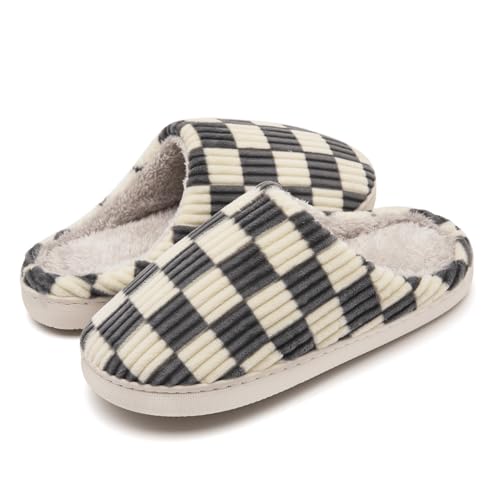 Guyarns Hausschuhe Damen Herren,Flauschige Damen Plüsch Pantoffeln aus Memory-Schaum mit Karomuster Rutschfeste Sohle Schlafzimmer-Hausschuhe in Wolkenform drinnen draußen(Grau,44/45 EU) von Guyarns