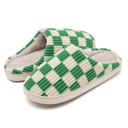 Guyarns Hausschuhe Damen Herren,Flauschige Damen Plüsch Pantoffeln aus Memory-Schaum mit Karomuster Rutschfeste Sohle Schlafzimmer-Hausschuhe in Wolkenform drinnen draußen(Grün,38/39 EU) von Guyarns