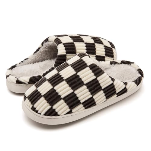 Guyarns Hausschuhe Damen Herren,Flauschige Damen Plüsch Pantoffeln aus Memory-Schaum mit Karomuster Rutschfeste Sohle Schlafzimmer-Hausschuhe in Wolkenform drinnen draußen(Kaffee,38/39 EU) von Guyarns