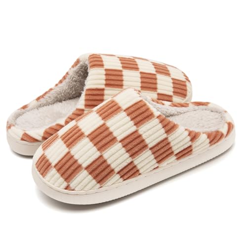 Guyarns Hausschuhe Damen Herren,Flauschige Damen Plüsch Pantoffeln aus Memory-Schaum mit Karomuster Rutschfeste Sohle Schlafzimmer-Hausschuhe in Wolkenform drinnen draußen(Orange,44/45 EU) von Guyarns