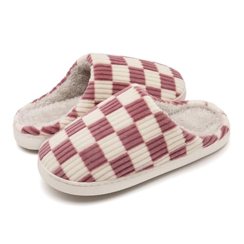 Guyarns Hausschuhe Damen Herren,Flauschige Damen Plüsch Pantoffeln aus Memory-Schaum mit Karomuster Rutschfeste Sohle Schlafzimmer-Hausschuhe in Wolkenform drinnen draußen(Rosa,44/45 EU) von Guyarns