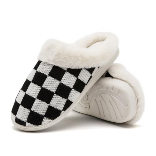 Guyarns Hausschuhe Damen Herren,Flauschige Hausschuhe aus Memory-Schaum mit Karomuster Rutschfeste Sohle Schlafzimmer-Hausschuhe in Wolkenform Drinnen Draußen(Schwarz,44/45 EU) von Guyarns