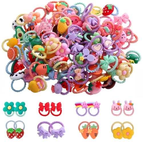 Guyode 100 Stück Zopfgummis Mädchen, Bunte Haargummis Feines Haar, Elastische Haargummi Kinder, Scrunchies mit Accessoires, Bunte Haarbänder fur Pferdeschwänze Zöpfe und Verschiedene Süße Frisuren von Guyode