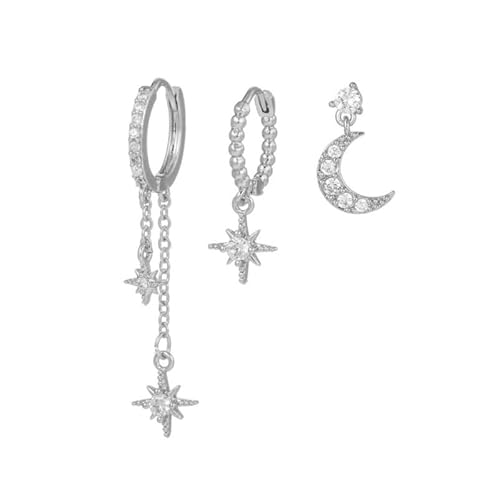 Guyode 3 Stück Ohrringe Set, Ohrstecker Zirkonia, Ohrringes Set für Mehrere Ohrlöcher, Moon and Star Earrings Ohrringe Hängend Stapelbar für Mehrere Piercing Stern Mond Kleine Creolen (Silber) von Guyode