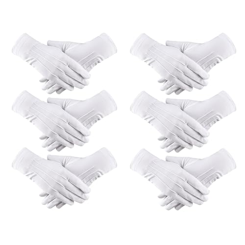Guyode 6 Paar Weiße Handschuhe Herren, Baumwollhandschuhe Weiß Stoffhandschuhe Baumwolle White Gloves Uniform Handschuhe für Smoking Ehrengarde Zeremonielle Teamuniformen Weihnachtsmann von Guyode