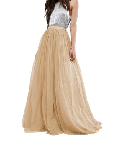 Damen Hochzeit Lang Tüll Rock Kleid Braut Brautjungfern Bodenlang Hoch tailliert Maxi Tutu Partykleid Abendkleider Champagne L von Gvnykany
