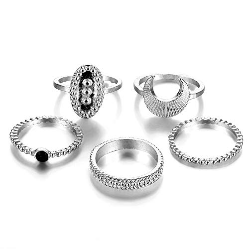 Gvvsjgdbis 5 Stueck/Set Vintage Boho Ringe Fuer Frauen Steampunk Mond Muster Midi Finger Knöchel Verbindung Ringe Set Geschenk Silber von Gvvsjgdbis