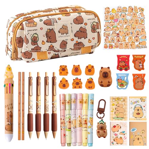GwaOery Capybara Schreibwaren-Geschenkset, multifunktionales Federmäppchen, großes Fassungsvermögen, mehrschichtiges Etui mit Reißverschluss, inklusive Capybara-Stiften, Aufklebern, Schlüsselanhänger von GwaOery