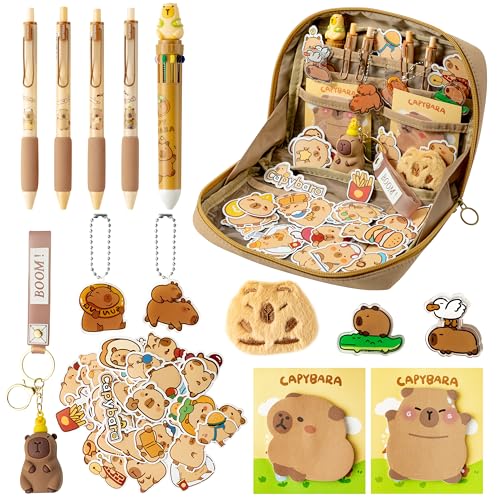 GwaOery Capybara Schreibwaren-Set – mehrschichtiges Federmäppchen, multifunktionales Federmäppchen, großes Fassungsvermögen, Etui mit Reißverschluss, inklusive Capybara-Stift, Schlüsselanhänger von GwaOery